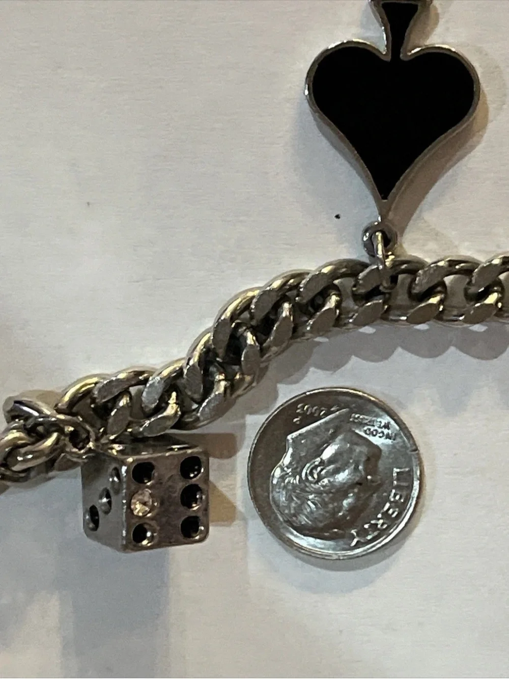 Sterling Silver Charm Bracelet with Black Spade and Gold Glitter Club Charms 8”